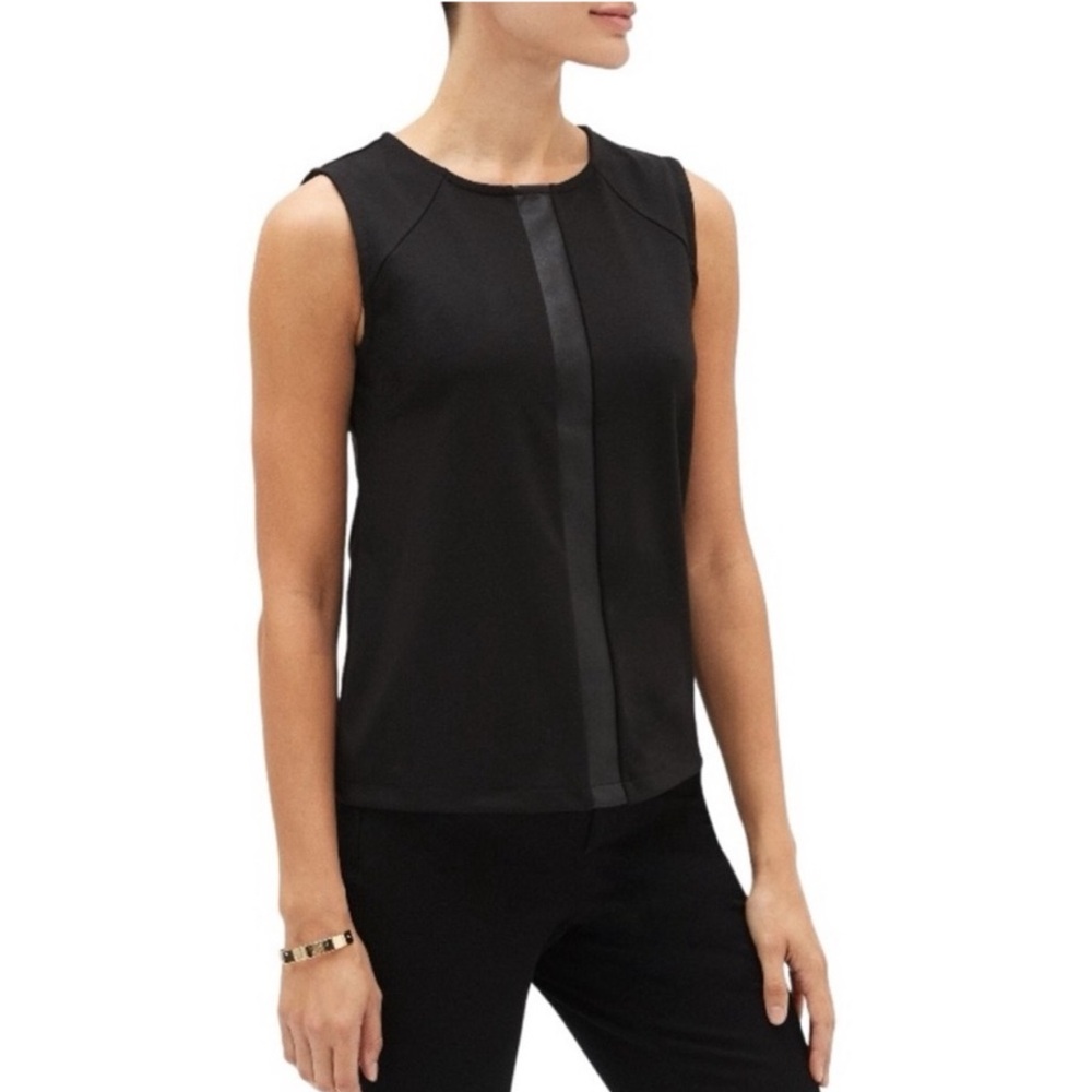 Banana Republic Black Sleeveless Vegan Leather Trim Ponte Knit Top Size Small